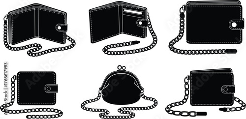 Wallet and coin purse silhouettes, bi-fold design, button clasp, flap closure, chain strap, black icons, fashion accessory, secure carry