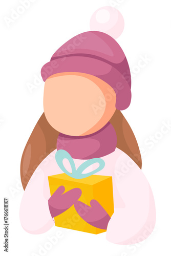 Woman with Christmas present. Festive winter concept. Vector illustration in simple style