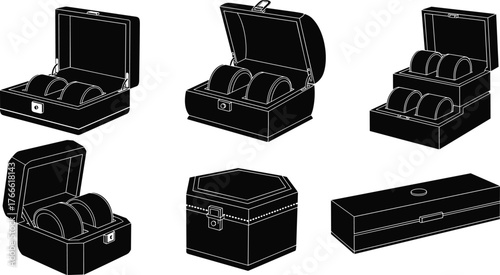 Watch box silhouettes, timepiece storage, hinged lid, hexagonal case, display compartments, black icons, collector gear, accessory layout