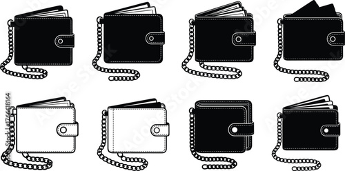 Wallet silhouettes with chains, bi-fold design, flap closure, button clasp, open and closed views, black icons, fashion accessory layout