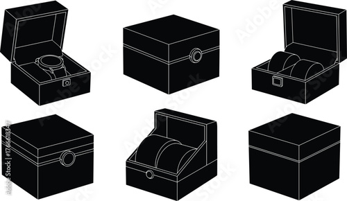 Watch box silhouettes, wristwatch holders, square containers, open lid display, black icons, timepiece packaging, collector gear, accessory layout