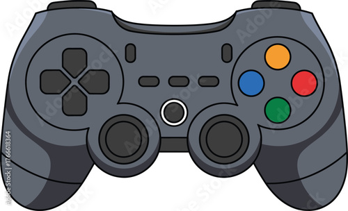 Video game controller, gaming device illustration, joystick design, console accessory, colorful buttons, entertainment technology, ergonomic grip, playstation style, gamer gear, fun