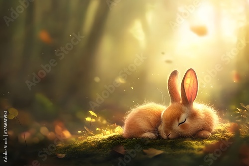 A rabbit resting on a patch of moss in a quiet forest its fur illuminated by soft dappled sunlight filtering through the trees