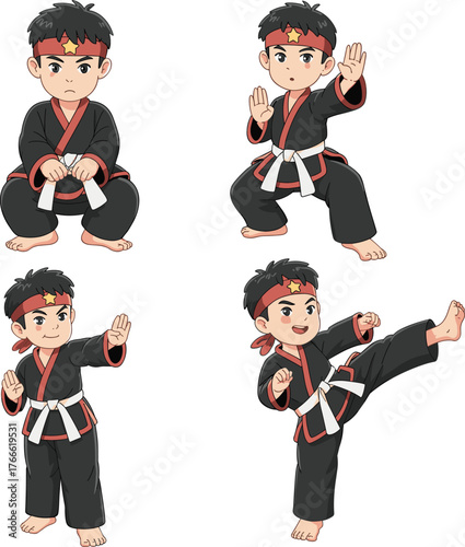 Taekwondo boy illustration, martial arts character, cartoon fighter poses, sports training artwork, children activity, vector design, lifestyle, education, animation