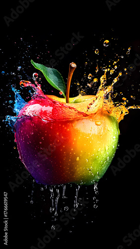 Vibrant rainbow apple splashing into water with colorful droplets and dark background