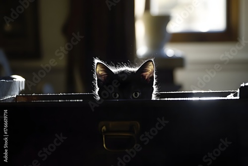A kitten hiding in a box only its eyes and ears visible with soft sunlight highlighting the edges of its fur 