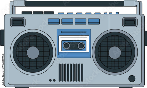 Vintage boombox illustration, retro cassette player, 80s music culture, portable stereo, audio equipment, street music, classic radio, nostalgia, vector, art