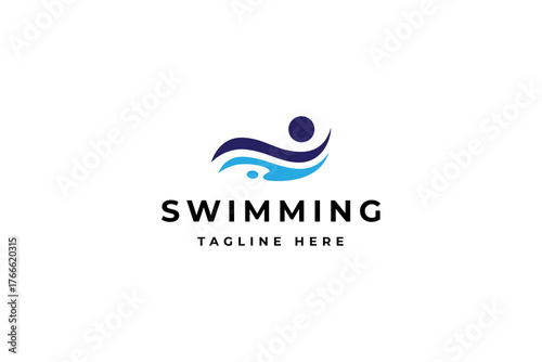 swimming logo with blue waves in abstract vector design style