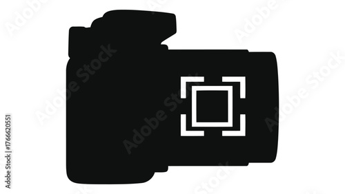 Black and illustration of a camera with focus square, on