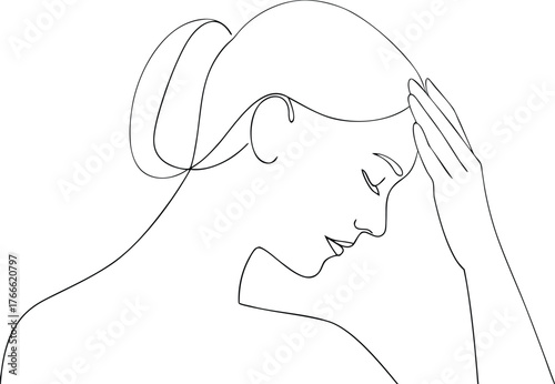 Woman with hand on forehead in profile line art vector