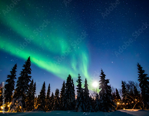 Vibrant green aurora borealis illuminating a snowy forest under a star-filled night sky. Ideal for nature, travel, and atmospheric-themed visuals.