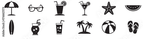 Black vacation icon set with beach, travel, and summer elements including palm trees, sun, and luggage, Doodle vector stars .Shooting and falling. Vector illustration.