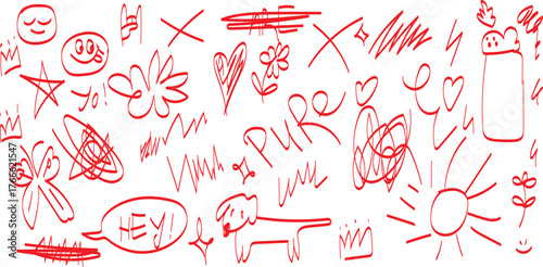Abstract red doodles and scribbles on a white background Chalk scribble doodle elements set for poster, social media. Crayon handwritten doodles. Rough hand drawn marker sketch with brush
