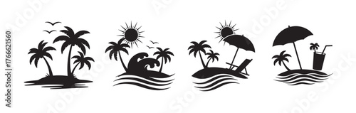 Flat palm tree hut and birds white silhouette vector on black background, ideal for summer travel ads, tropical beach posters, resort branding, and holiday logo designs. vector illustration.