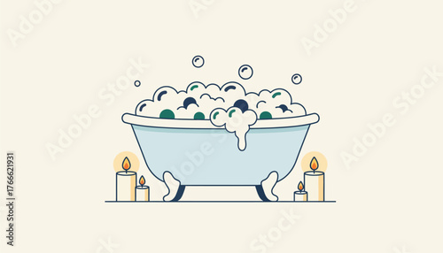 Bathtub overflowing with soap bubbles, surrounded by burning candles, symbolizing serene relaxation, personal self care, and a peaceful spa experience, presented as a clean vector illustration