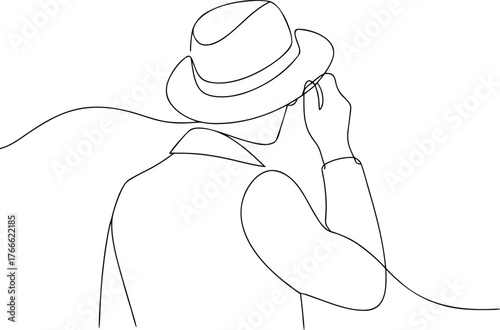 Man in fedora hat adjusting brim with one hand one line drawing