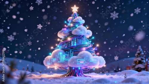 Modern Digital Christmas Tree Cloud Computing Network Data in Snowy Winter Holiday Technology Background