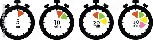Stopwatch icon set, Timer, clock, and stopwatch symbol. 5 minutes to  30 minutes isolated on white background. stopwatch timer vector illustration
