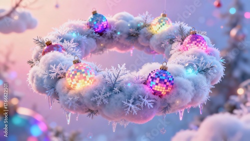 Fluffy Christmas Wreath Background with Glowing Disco Ball Ornaments Icy Snowflakes and Pastel Winter Sky