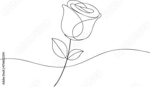 Single line drawing of a rose with leaves flower continuous line