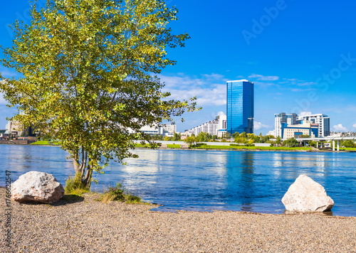 Autumn landscape of the Krasnoyarsk embankment. Eco-park on Tatyshev Island.