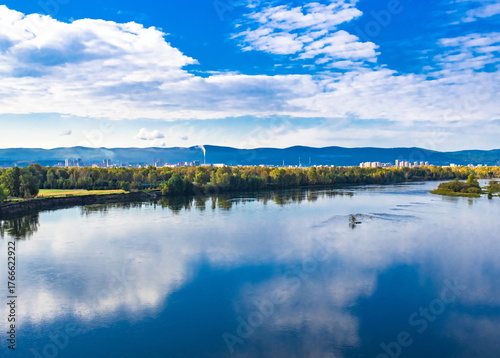 Autumn landscape of the Krasnoyarsk embankment. Eco-park on Tatyshev Island.