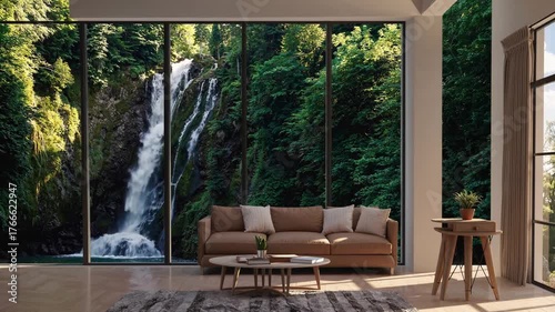 Home view of a waterfall in the forest. Continuous looping time-lapse 4k video animation background