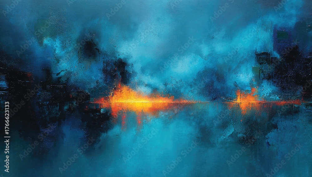 Fototapeta premium Abstract landscape with fiery sunset reflecting on still water. Soft blues and oranges dominate