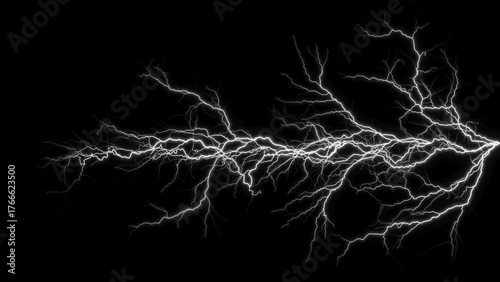 Massive Branching Lightning Bolt on a Black Background Forming an Arrow Shape