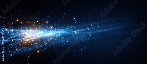 Abstract light streaks & particles of blue and gold explode across a dark blue space
