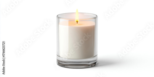 A simple white candle in a clear glass jar mockup, unlit. Pure white background, cozy. 3d illustration.