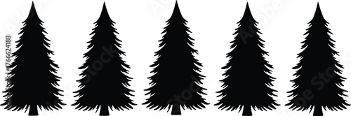 Silhouette pine trees, black evergreen icons, forest illustration, conifer shapes, nature design, winter elements, tree clipart, isolated vector trees