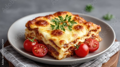 Delicious Baked Lasagna With Melted Cheese Topped With Fresh Parsley Garnished With Cherry Tomatoes Served On A Plate With A Rustic Napkin And Wooden Board Against A Textured Gray Background