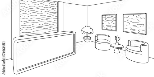 Reception in the office room graphic black white interior sketch illustration vector 