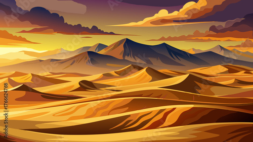 Very beautiful, panoramic of desert at sunset, Mesquite Flat Sand Dunes, Death Valley, USA, golden sand, rolling dunes, dramatic shadows, warm glowing sky, and serene arid landscape under breathtaking