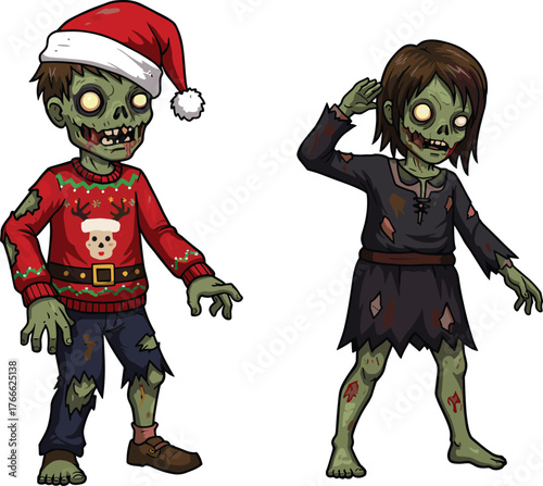 Funny Christmas zombies cartoon couple wearing Santa sweater and tattered clothes celebrating winter holiday in spooky and humorous festive illustration.