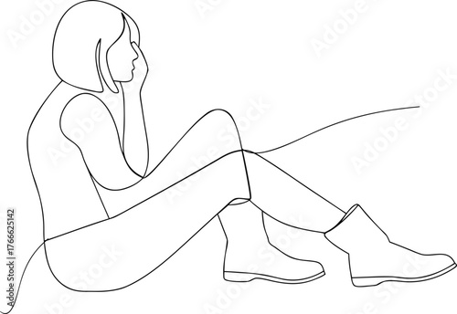 Woman sitting with hand on face in continuous line art