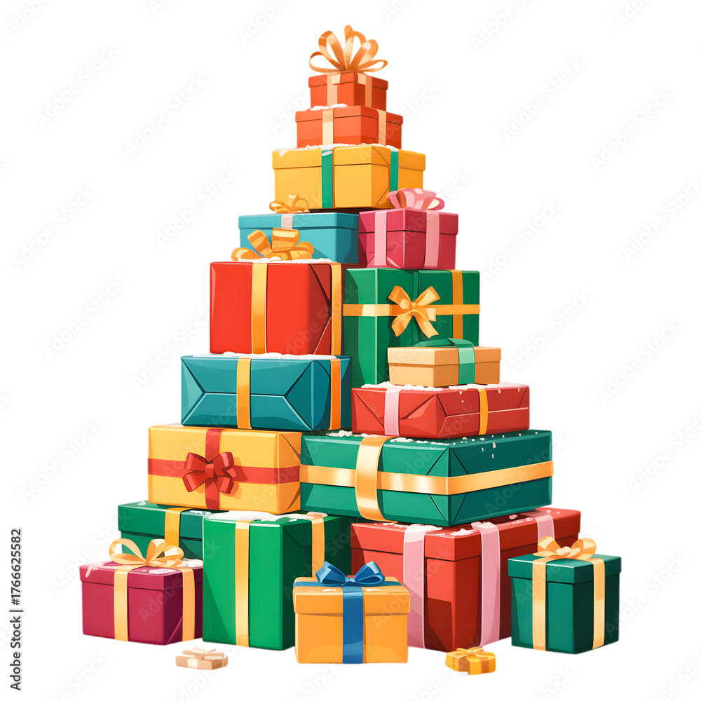 Obraz premium Christmas tree made of colorful gift boxes isolated on transparent background