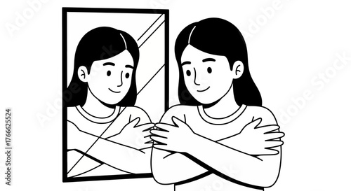 Self-Love and Acceptance A Young Woman Embracing Herself in the Mirror for Confidence