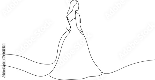 Minimalist continuous line drawing of a woman in a ball gown