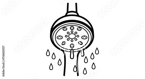 Shower head dripping clean water in a simple line art illustration