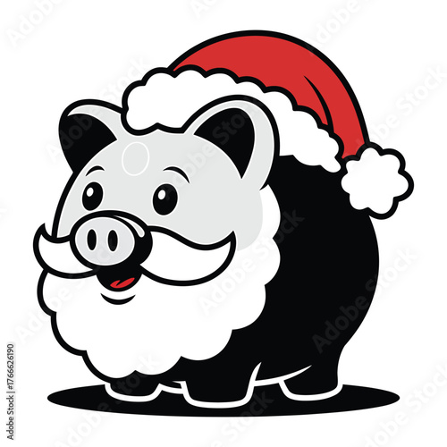Cute cartoon pig dressed as santa claus with a white beard and mustache