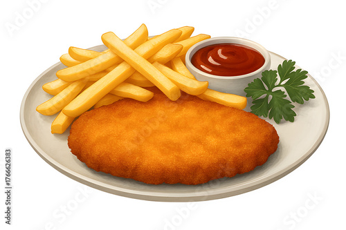 Crispy chicken schnitzel with french fries and ketchup isolated on transparent background