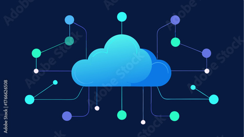 Abstract cloud shapes surrounded by glowing data nodes emphasizing cloud connectivity and networking.