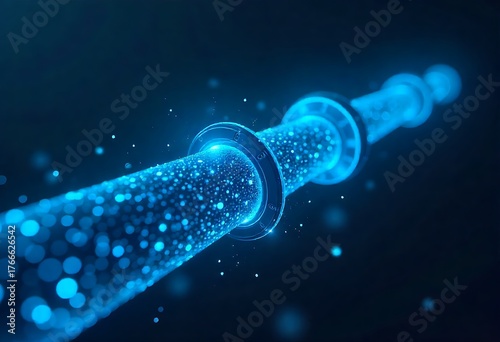 Futuristic digital pipeline with AI, ML, IoT sensors enables smart leak detection, sustainable water management, and automation. Innovative tech interface visualizes data flow for urban infrastructure