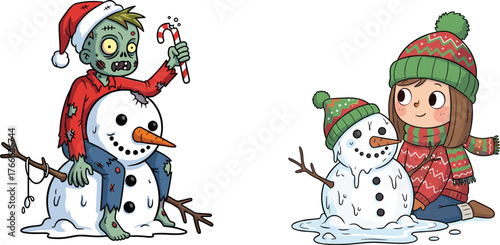 Funny zombie boy and cute girl building melting snowmen together cartoon vector illustration, winter christmas holiday humor art design