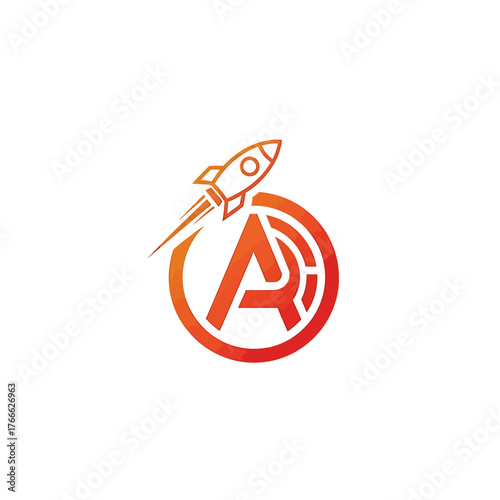 Modern letter A logo with a rocket launch concept, symbolizing startup, innovation, and rapid growth. Orange circular icon vector design