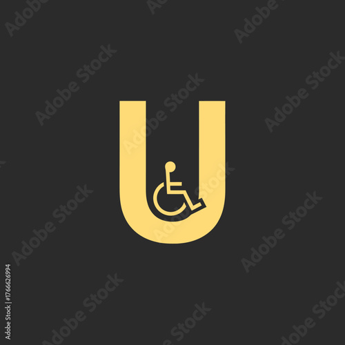 Letter U logo design with a negative space wheelchair icon, symbolizing accessibility, inclusivity, and universal design