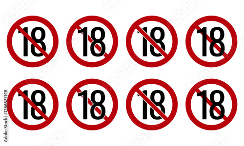 18 prohibited symbol vector set. Age restriction icons for warning labels and UI design. Icon versions with white and transparent backgrounds