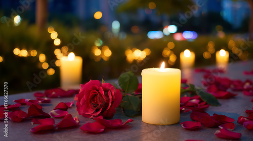 Romantic candle with red roses and blurred festive lights in the background, creating a warm and cozy atmosphere.
